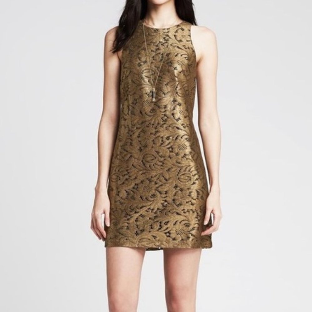 BANANA REPUBLIC Gold Lace Shift Foil Dress, Size OOP